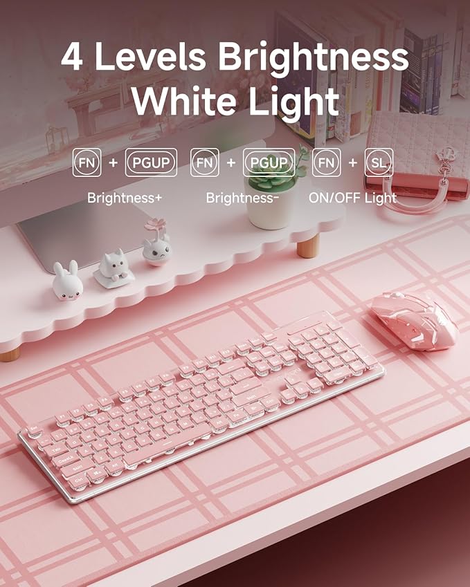 V3 Wireless Keyboard and Mouse with Single Backlit, Metal Panel, Bluetooth/2.4G Rechargeable Computer Keyboard and Mouse Combo Silent Lighted Full Size Cute Keyboards-Pink