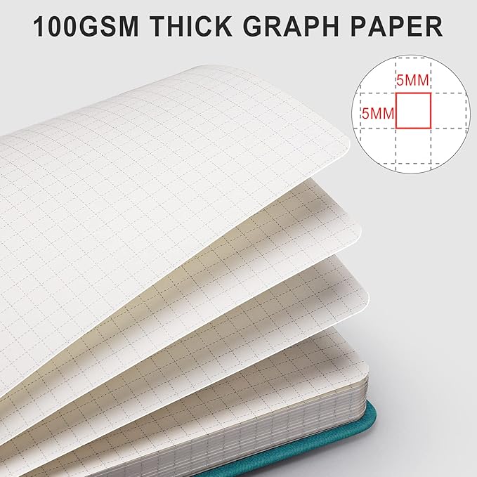 AHGXG Graph Paper Notebook - 320 Pages Grid Notebook Thick Journal A5, 100gsm Thick Graph Paper, Leather Hardcover, Inner Pocket,5.75'' × 8.38''- Cyan