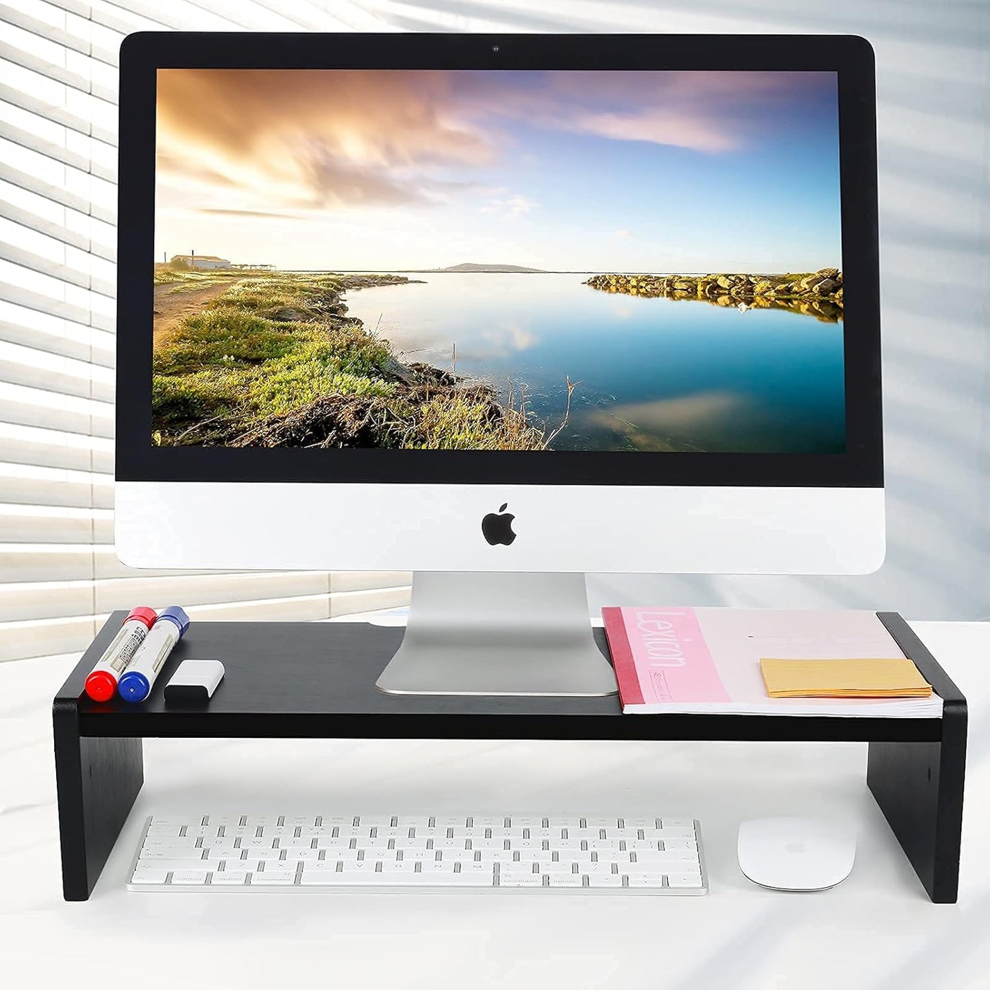 KINLINK Solid Wood Monitor Stand Riser, Monitor Riser with 2 Adjustable Height, 15.8 inch Computer Riser for Computer, iMac, PC, Printer, Computer Monitor Stand for Home & Office, Black