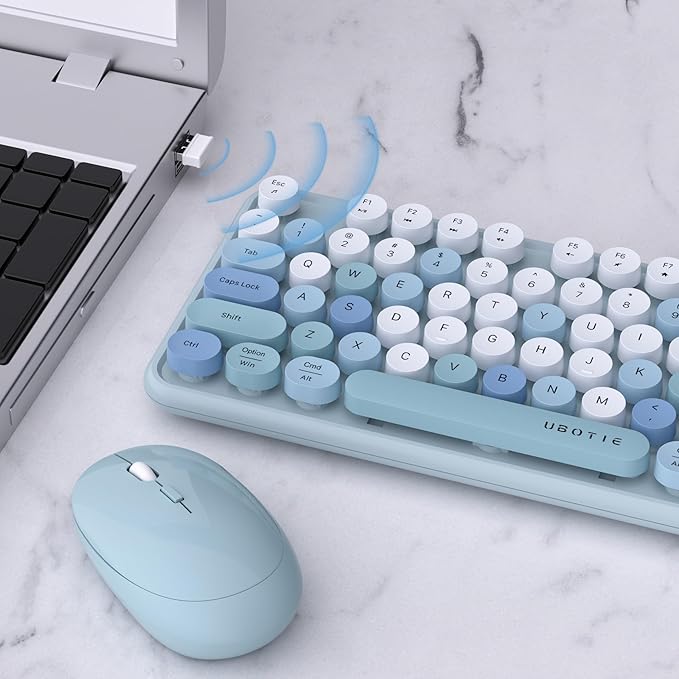 UBOTIE Colorful Computer Wireless Keyboard Mouse Combos, Typewriter Flexible Keys Office Full-Sized Keyboard, 2.4GHz Dropout-Free Connection and Optical Mouse (Blue-Colorful)