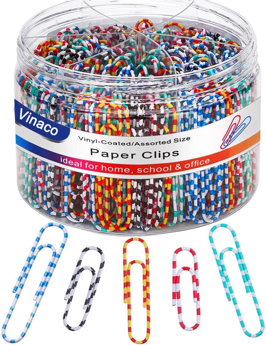 Vinaco Paper Clips Color Stripe, 400PCS Medium & Large (1.3 inch & 2 inch) Paper Clip Assored Size, Durable and Rustproof, Vinyl Coated Paperclips Colorful for Office School Document Organizing