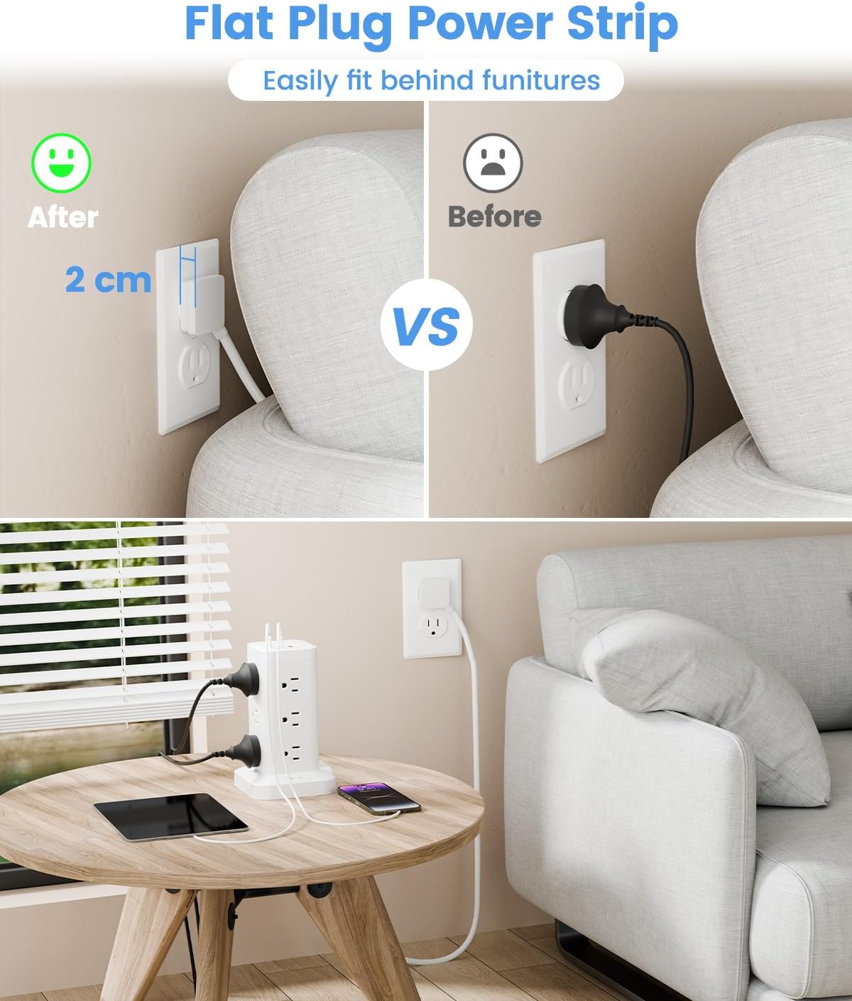 15-in-1 Power Strip Tower with Surge Protector 1800J, Fast Charging Tower PD20W USB-C Ports with 12 AC Outlets, 6ft Extension Cord for Home Office Dorm Room, White