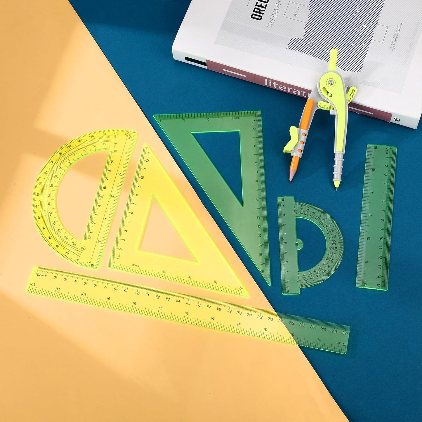 Zonon 1 Set Plastic Geometry Math Set 7 Pcs Includes 6'' / 4 '' Protractor, Drawing Compass, 45/60 Degree Triangle Rulers, 12'' / 6'' Math Ruler Transparent for Office Supplies(Yellow)