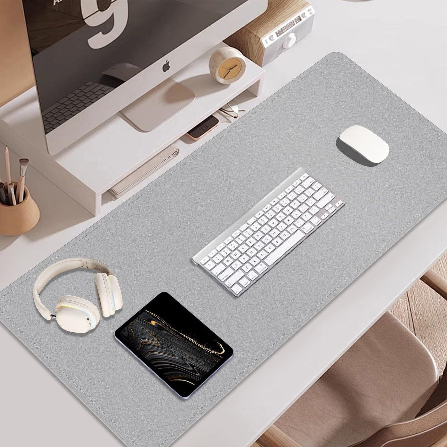 Non Slip Desk Mat, 31.5" x 15.7" PU Leather Desk Pad, Cork Desk Mat for Desktop, Desk Pad for Keyboard and Mouse, Ideal for Office and Home, Light Grey