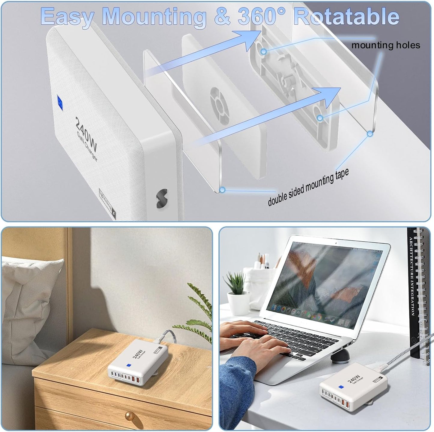 240W Fast Charging Blocks, 8-Port Charging Station for iPhone/Ipad/MacBook, 6C2A PD GaN Charger Box, USB Tower Hub 5ft Braided Power Cord with On/Off Switch, Flat Plug, Travel Essentials