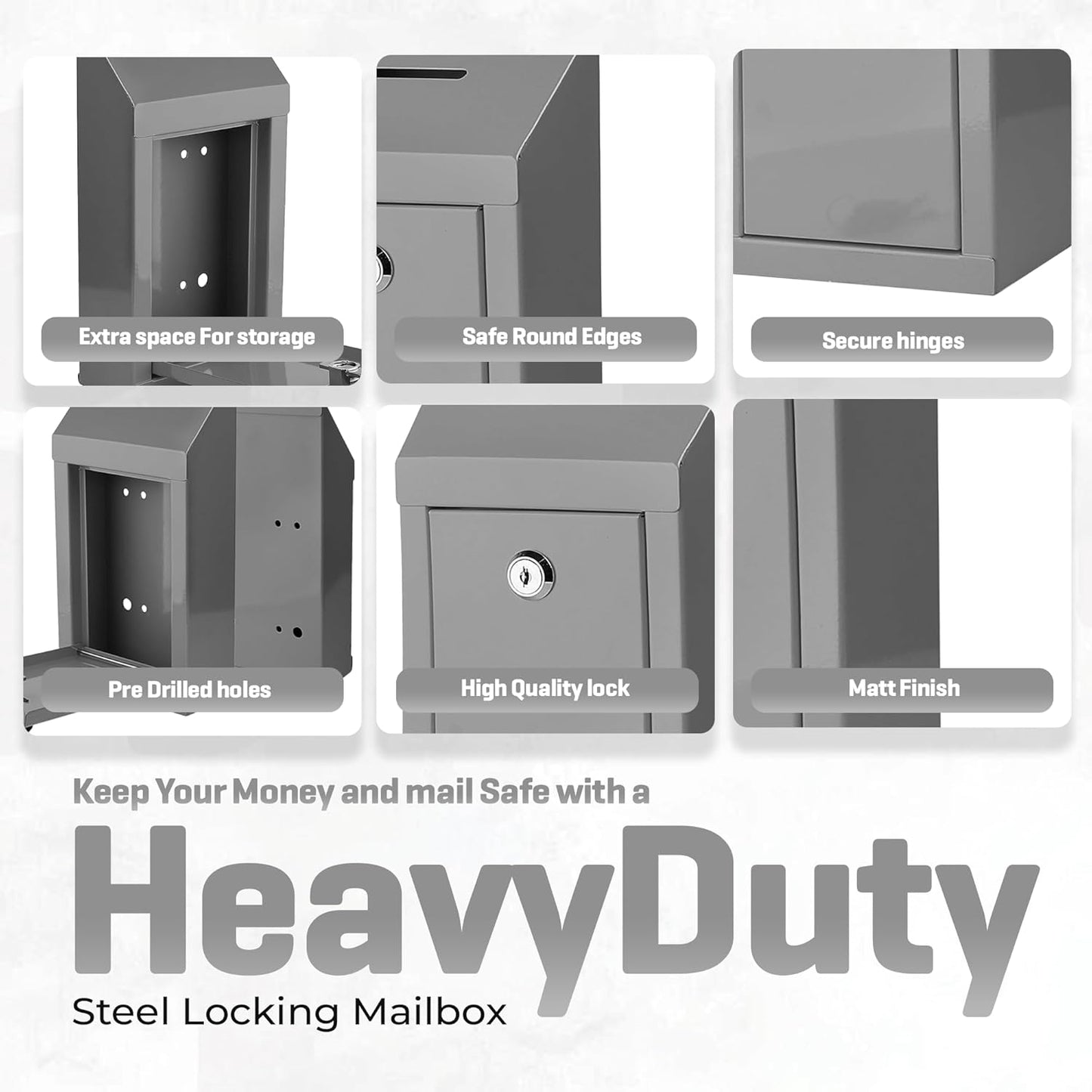 Metal Donation Box-Suggestion Box with Slot and lock-Cash Lock box for Money-Secure Drop Box-Comment and ballot voting box-comes with pre-drilled holes for easy wall mounting 10 X 6 X 2.5"(Grey)
