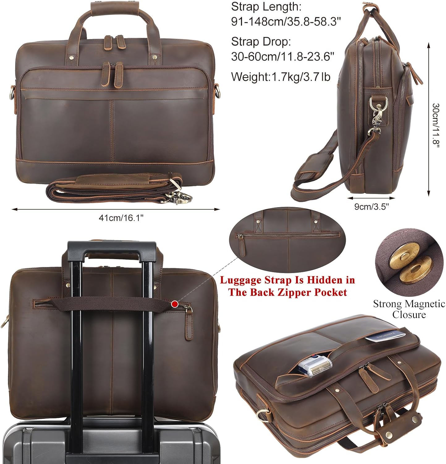 Leather Briefcase for Men 17 Inch Laptop Crossbody Shoulder Messenger Bag Attache Case for Business Travel Work Lawyer