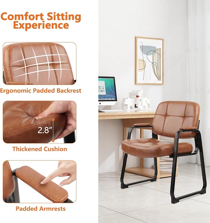 CLATINA Big & Tall 500 lb Waiting Room Chairs with Padded Armrests and Sled Base, Leather Stationary No Wheels Office Guest Chair for Reception Lobby Home and Meeting Conference, Brown （6 Pack）