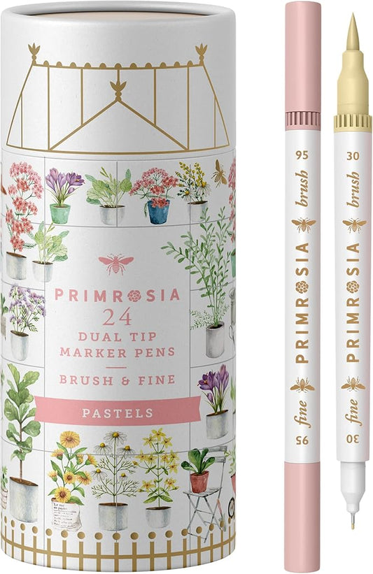 Primrosia 24 Pastel Dual Tip Markers, Fine Tip and Brush Pens. Perfect for art, illustration, drawing, calligraphy and bullet journals