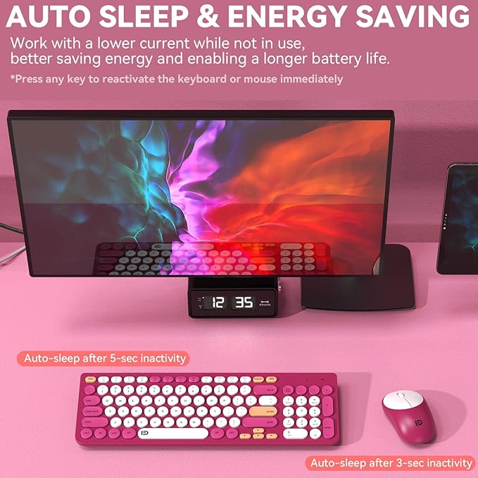 FD Wireless Keyboards and Mouse Combo - 2.4GHz USB Cordless, Cute Wireless Keyboard Round Keys, Quiet and Slim Set for Laptop, Computer, TV and Mac - Strawberry White Colorful