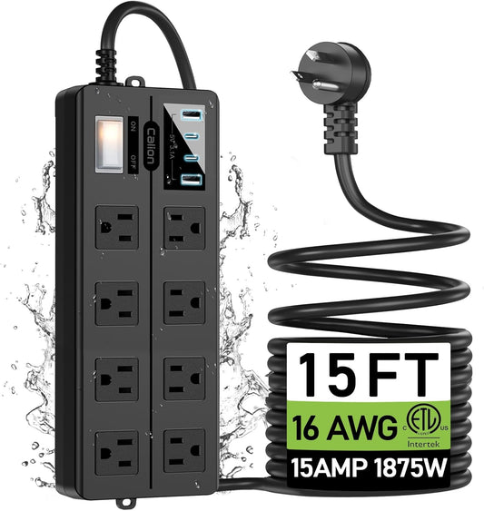 Outdoor Power Strip Weatherproof,Waterproof Surge Protector with 8 Wide Outlets,4 USB Charger,15 FT Extension Cord,16AWG,1875W/15Amps,Multi Outlet Extender for Office Patio Garden Christmas Lights