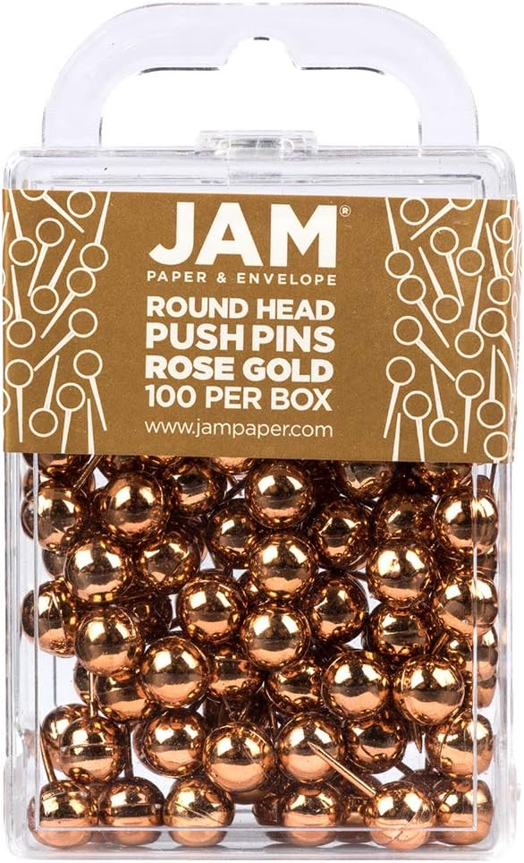 JAM PAPER Colorful Push Pins - Round Head Map Thumb Tacks - Rose Gold Pushpins - 100/Pack