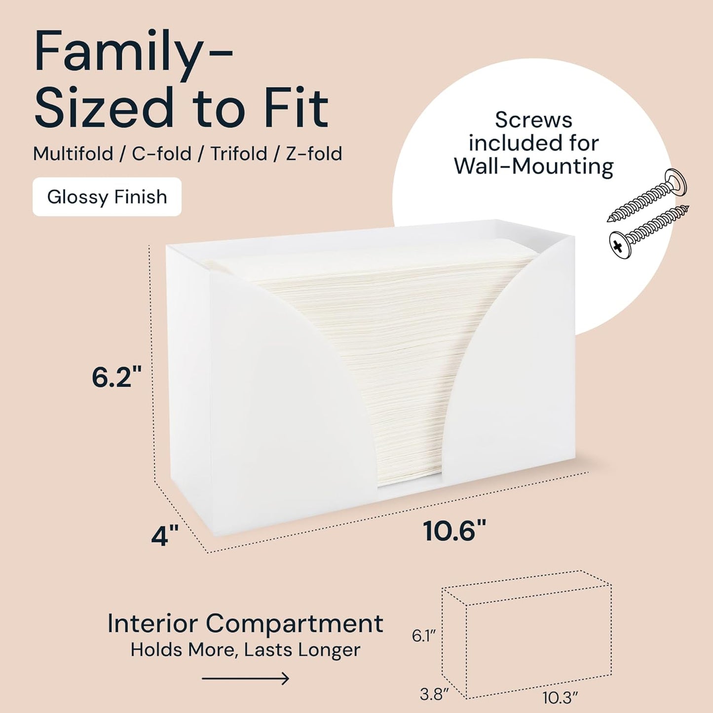 Paper Towel Holder Countertop - 10.75" x 6.5" x 4" White Acrylic - Multifold Hand Towel Dispenser & Napkin Organizer for C-Fold, Z-Fold & Trifold Napkins