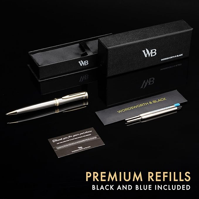 Wordsworth and Black Luxury Ballpoint Pen Set - Silver Lacquer 24K Gold Finish, Refillable Fine Point, Elegant Gift for Men & Women, Includes Ink Refill, Nice Pens for Work