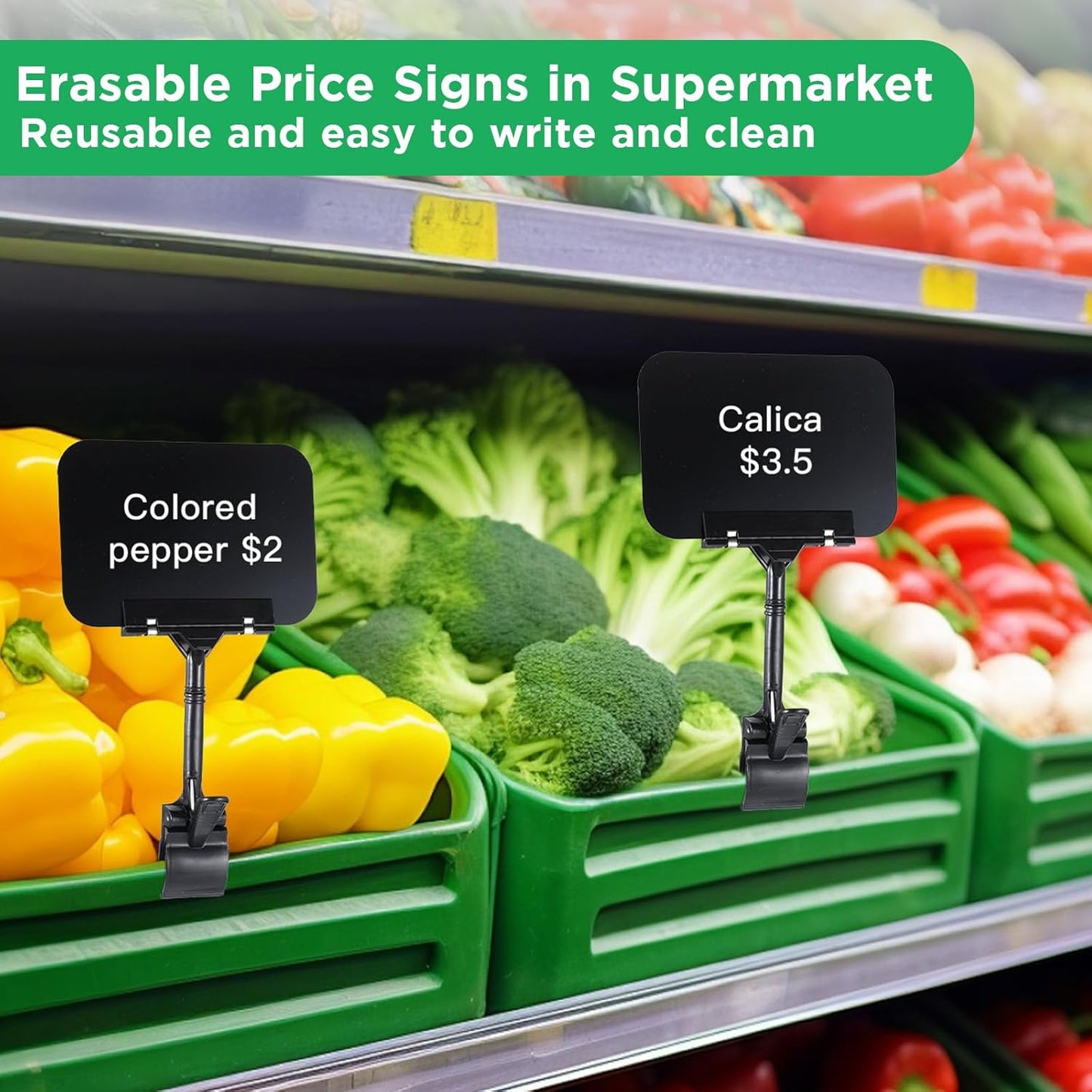 MAQUITA 30 Pcs Price Display Signs, Adjustable Clip on Sign Holder with 30 Clips A6, Rotataing Plastic Chalkboard Sign, Double Sided Mini Blackboard Clips for Store Business Office