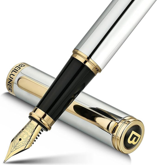 BEILUNER Silver Chrome Fountain Pen,Stunning Luxury Pens with 24K Gold Accents, Gorgeous 24K Gilded Nib(Fine), Ink Converter,Fancy Pen Gift for Men&Women-Elegant, Office, Reliable,Nice for Writing