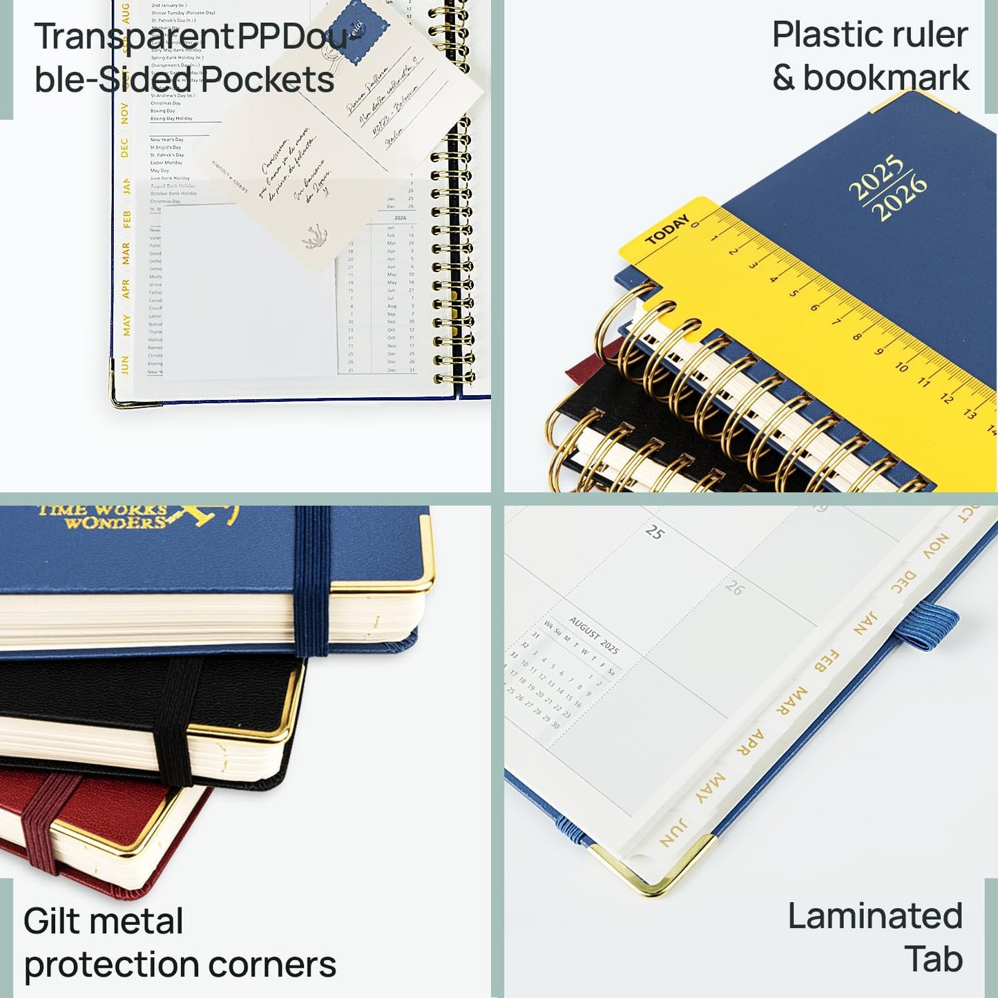 POPRUN Monthly Planner 2025-2026 Spiral Hardcover (6.25'' x 8.5''), 18 Months Calendar (Jul.2025 - Dec.2026)- 2 Pages per Month with Dotted Note Pages, Sunday Start, Laminated Tab - Navy Blue