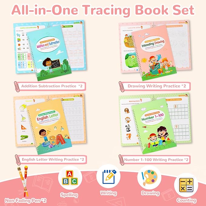 Large Size Grooved Writing Books for Kids Age 3-5 6-8, 8 Pack Magic Grooved Writing Practice Copybooks, Handwriting Prastice with Cute Fade-Resistant Pens, Workbooks Number Letter Tracing for Kids