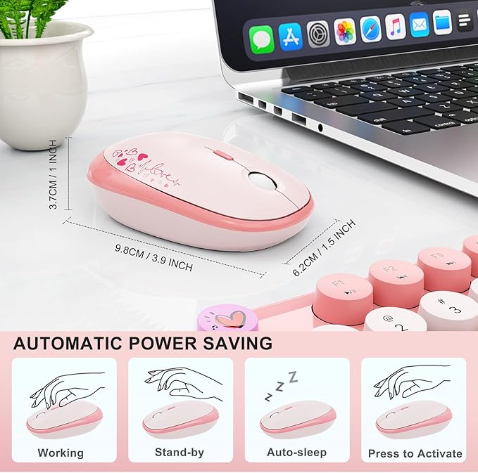 FOPETT Wireless Keyboard and Mouse Combo - 2.4G Full-Sized Cute Colorful Retro Keyboard with Round Keycaps 104 Keys Typewriter Keyboard for Laptop/Windows/PC-Pink Colorful