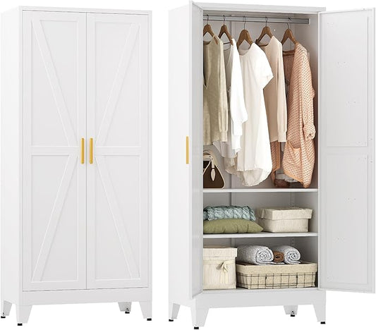 Farmhouse Wardrobe Cabinet,Metal Wardrobe Closet with Hanging Rod,Metal Armoire with Adjustable Shelves for Bedroom,Living Room, Cloak Room,Office (White)
