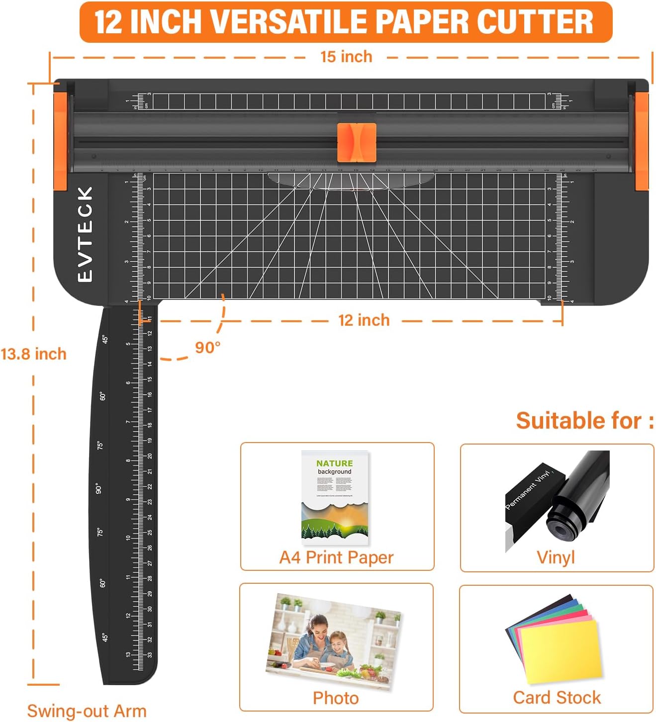 Evteck Paper Cutter 12 Inch Paper Trimmer Slider Crafting Scrapbooking Supplies for A4 Vinyl Photo Cardstock with Security Blade and Foldable Ruler