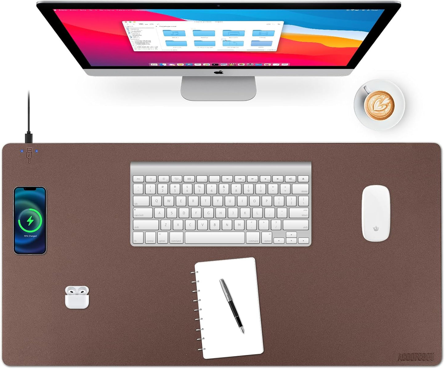 Wireless Charging Desk Mat with Desk Pad for Desktop Charging Large Mouse Pad Waterproof Leather Computer Mat Mouse Pad Non-Slip Protector on Top of Desks for Keyboard and Mouse (brown-l, 36*17inch)