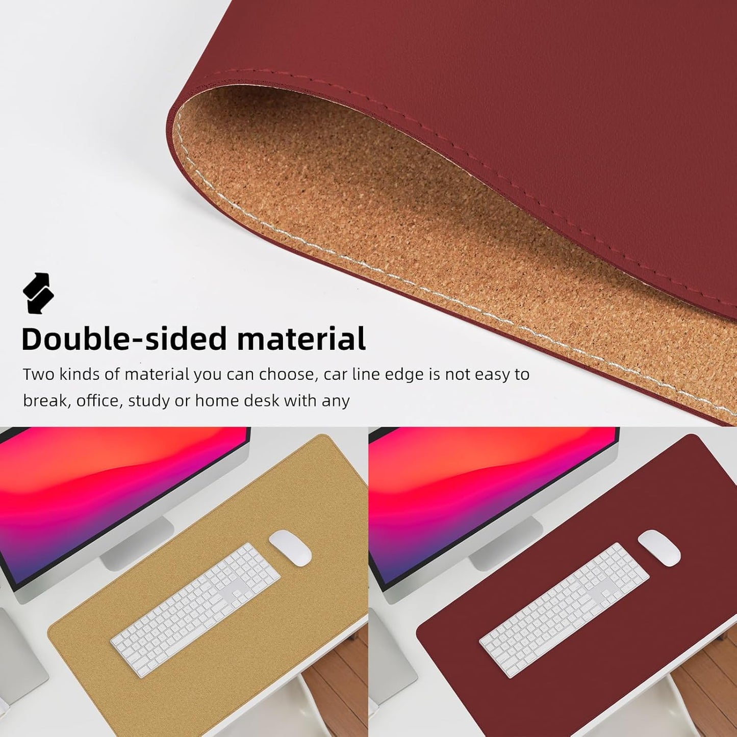 Desk Mat 47" x 23.7" Leather Desk Pad Protector with Natural Cork & PU Leather, Non-Slip Office Desk Mat, Double-Sided Large Mouse Pad, Waterproof Desk Pad for Office&Home (Red)