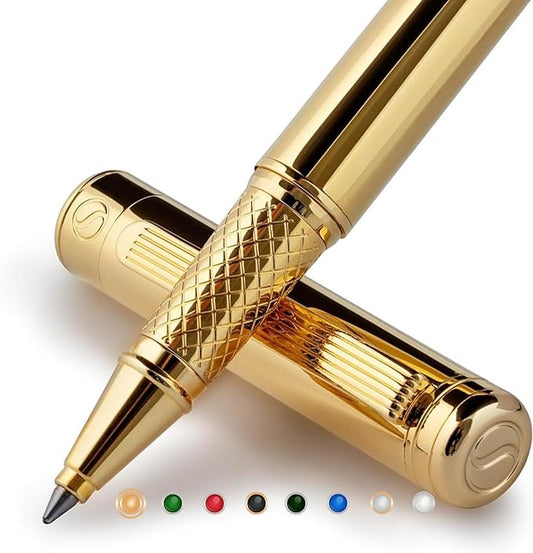 Scriveiner Gold Rollerball Pen - Stunning Luxury Pen, Real Gold Plating, Schmidt Ink Refill, Best Roller Ball Pen Gift Set for Men & Women, Professional, Executive Office, Nice Pens