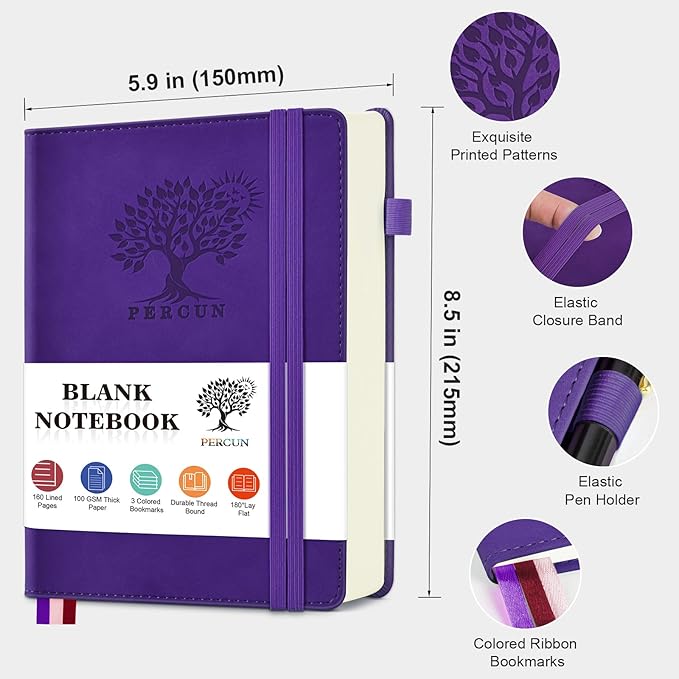 PERCUN Blank Journal Ntebook for Men & Women, 160 Pages Blank Journals for Writing, Drawing,Sketch Book,5.9" x 8.5" Leather Sketchbook, Unlined Notebook for Work, School, Art - Purple