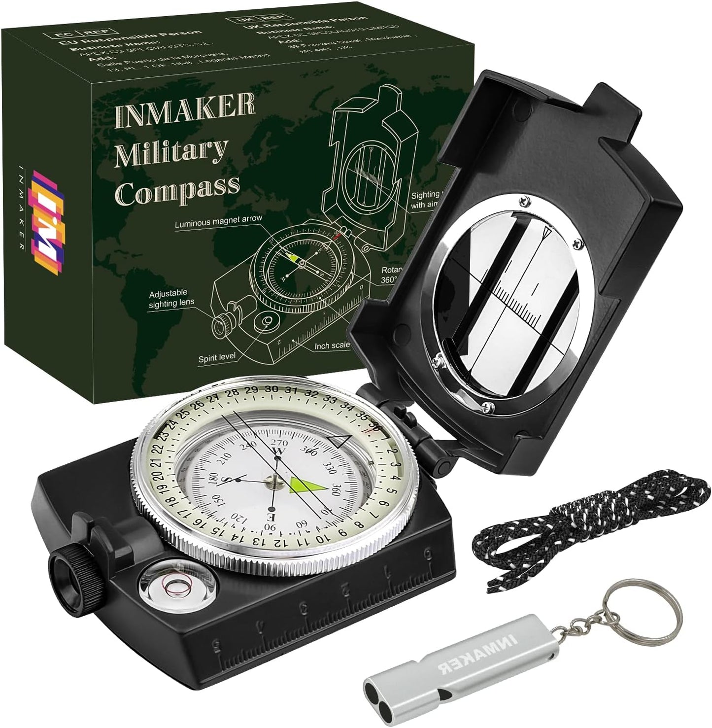 INMAKER Compass, Compass Hiking with Survival Whistle, Luminous Compass Gift for Kids, Apply to Outdoor Survival, Camping and Navigation