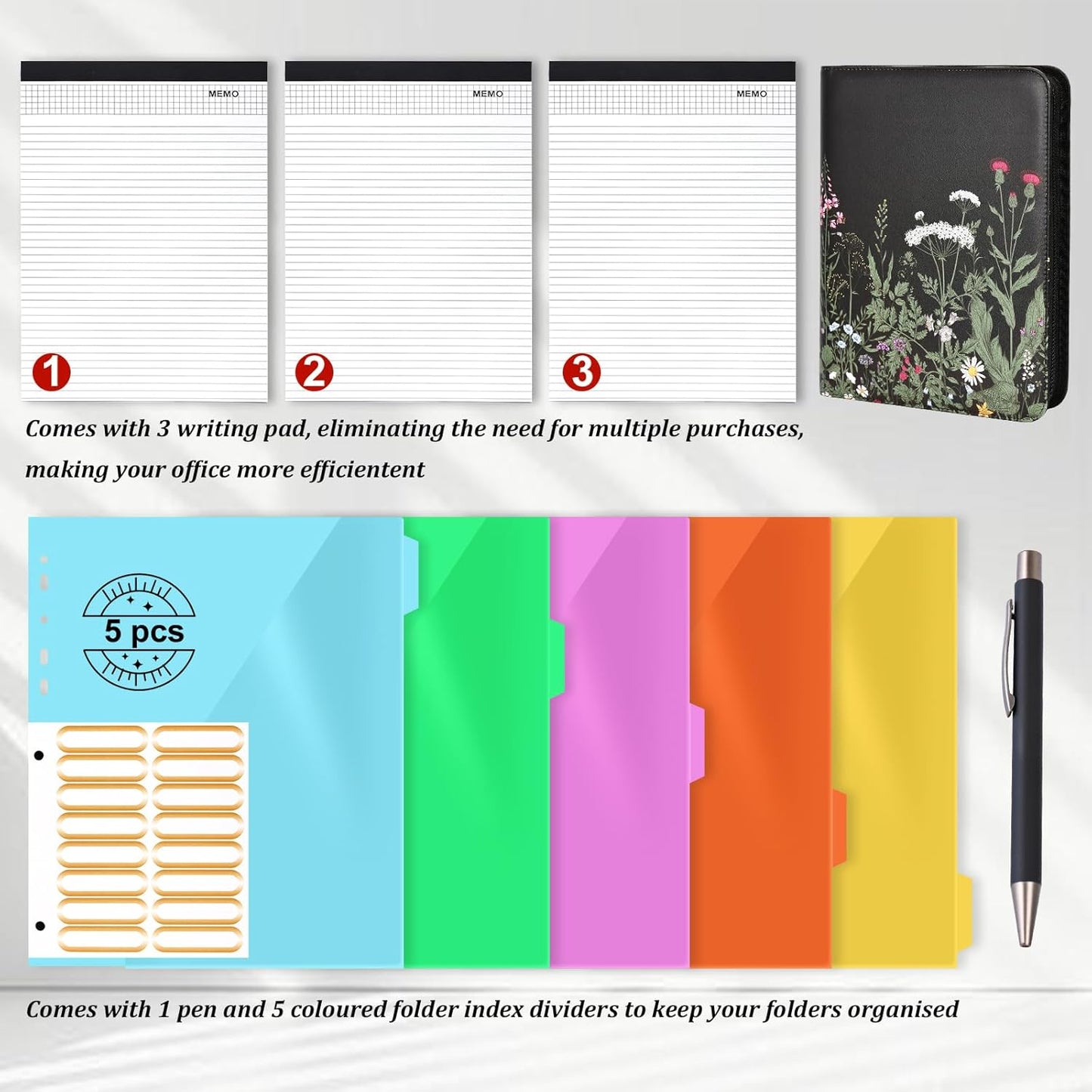 Leathario Portfolio Binder, Includes 5 Folder Index Dividers and 3 Notepads, 3-Ring Folder Organizer, Padfolio with Zipper, Vegan Leather Tablet Sleeve, Business Office Conference Clipboards