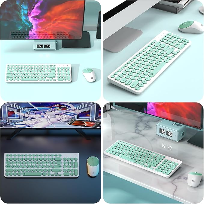 FD Wireless Keyboard and Mouse Combo - 2.4GHz USB Cordless, Cute Round Keys, Quiet and Slim Set for Laptop, Computer, TV, and Mac - Mint Green & White