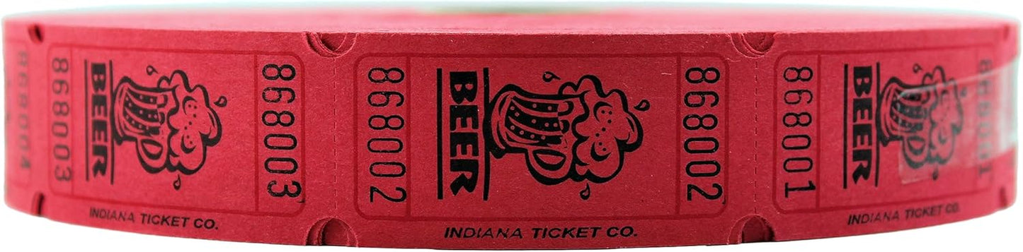 INDIANA TICKET CO. 2000 Raffle Tickets, Beer, Red, Single Roll, Ticket for Events, Entry, Class Reward, Fundraiser & Prizes