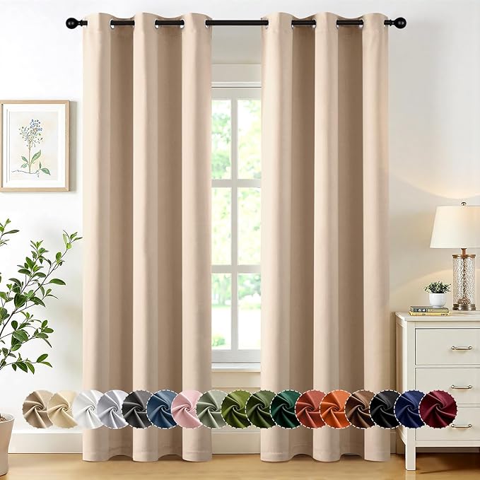 MIULEE Beige Blackout Curtains for Bedroom Living Room 72 Inches Long 2 Panels, Thermal Insulated Room Darkening Drapes Solid Grommet Top Noise Reduction Light Blocking Window Curtains W40 x L72 Inch