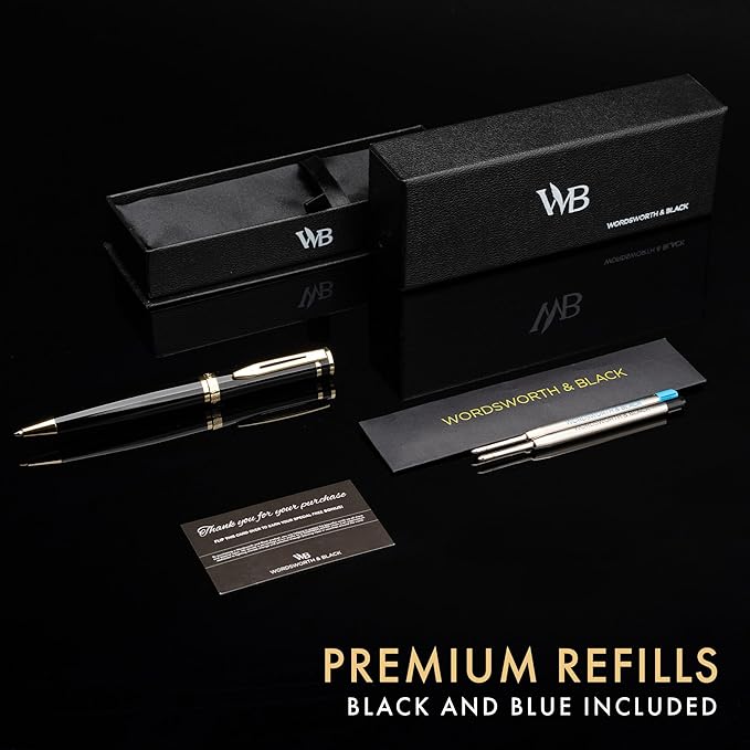 Wordsworth and Black Luxury Ballpoint Pen Set - Black Lacquer 24K Gold Finish, Refillable Fine Point, Elegant Gift for Men & Women, Includes Ink Refill, Nice Pens for Work