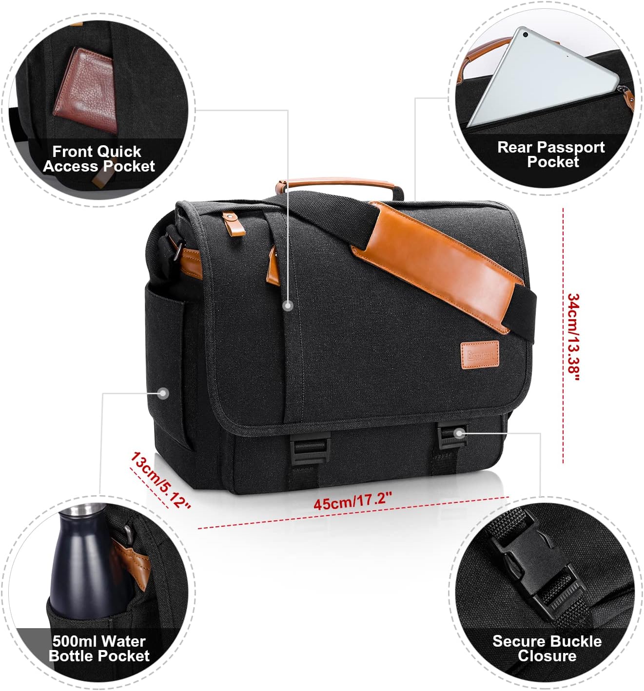 ESTARER Men Messenger Bag 15.6 inch, Water-resistant Canvas Computer Work Bag, Laptop Shoulder Bag Briefcase Satchel, Dark Grey