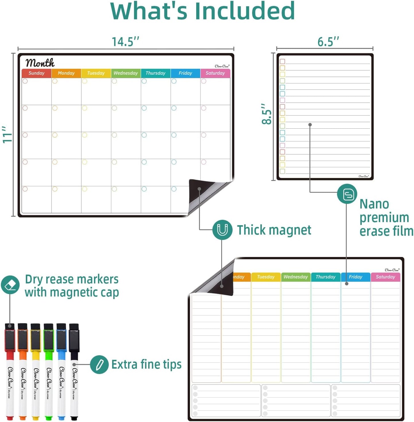 Magnetic Dry Erase Monthly Calendar Set - 14.5"x11" Monthly and Weekly Calendar, 6.5"x8.5" List Board for Fridge - 6 Extra Fine Point Markers Included - Shipped Flat