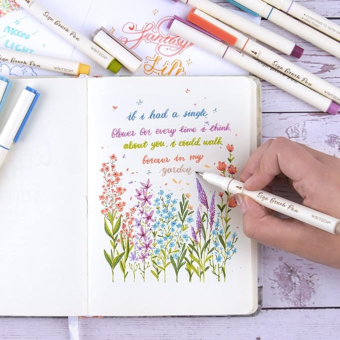 WRITECH Arts Sign Brush Pen Brush Tip Marker Felt Tip Water Based Ink Color Pens 12 Assorted Vintage Colors Great for Lettering Journaling Calligraphy (Vintage)