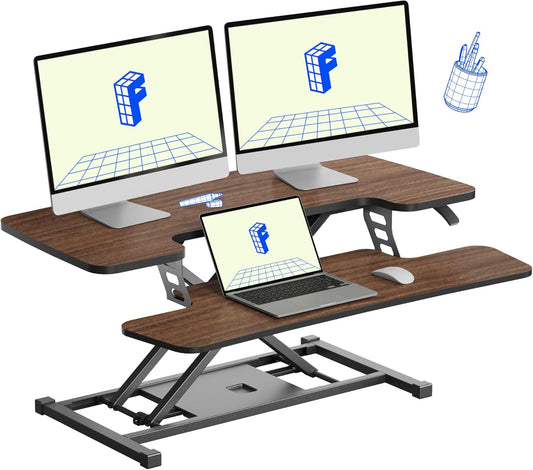 FLEXISPOT Standing Desk Converter 36in Sit to Stand up Riser Height Adjustable Monitor and Laptop Workstation with Spacious 2-Tier Desktop, Walnut Color