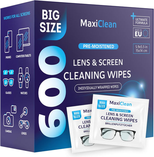 Glasses Wipes Lens Cleaner - Lens Wipes for Eyeglasses - 600 Pre-moistened Individually Wrapped Wipes for Eye Glasses, Electronics, Phone, Computer, Laptop Screen - Camera Lens Cleaner - Made in EU