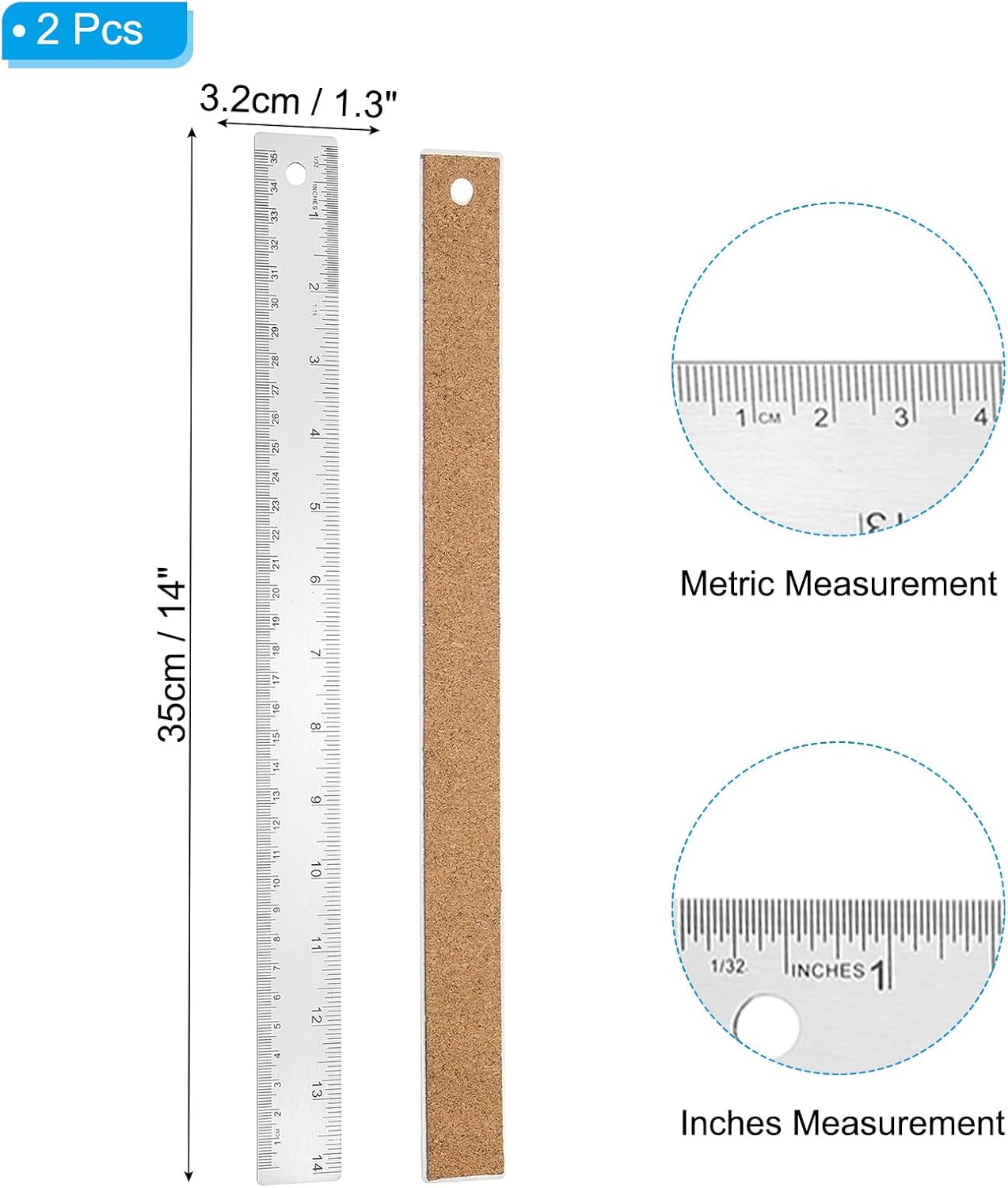 PATIKIL 14 Inch Stainless Steel Ruler Straight Edge Ruler, 2 Pcs Cork Backing Non-Slip Metal Ruler with Inches Centimeter Metric Measuring Tools for Office