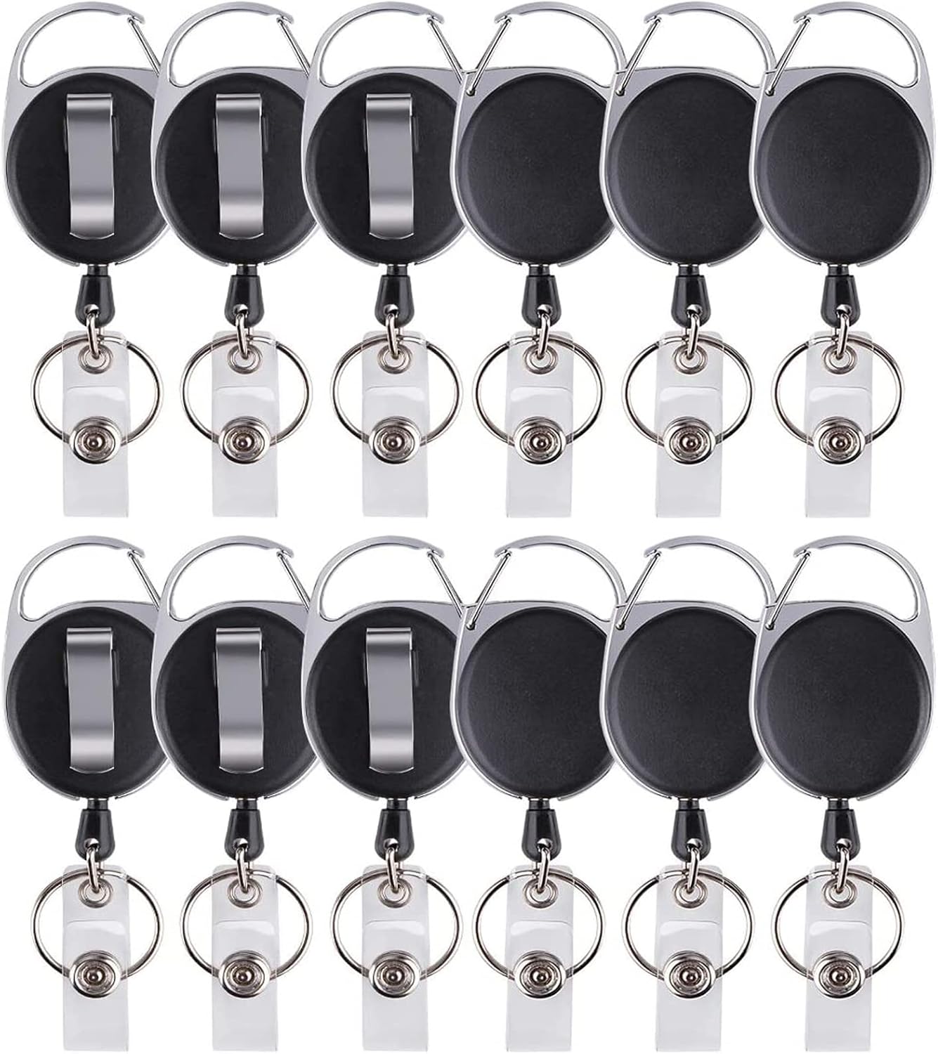 12 Packs Heave Duty Retractable Badge Reels with Carabiner Belt Clip and Key Ring, Badge Holders for ID Card Holders with 26.5 Inch Pull Cord (Black)
