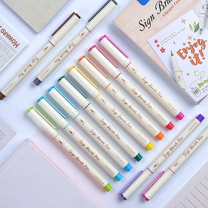 WRITECH Brush Tip Marker Pens: Artist Markers Flexible Tip Water Based 12ct Assorted Colors for Journaling Adult Coloring Hand Lettering Calligraphy Drawing Vibrant Colored
