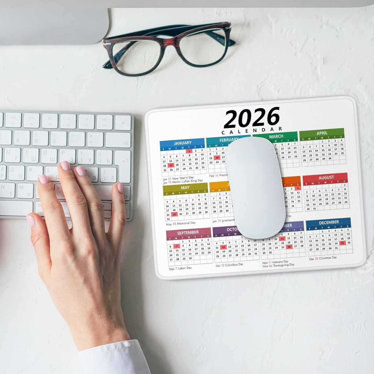 2026 Calendar Mouse Pad with Holidays, Computer Mousepad with Non-Slip Rubber Base, Ccolorful Mouse Pads for Computers Laptop Mouse 9.6 x 7.9 inch