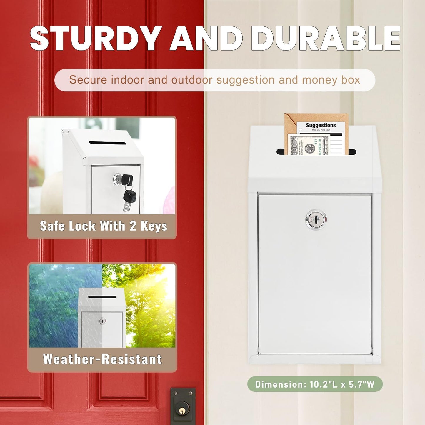 Metal Donation Money Cash Drop Box with Lock and Slot Suggestion Box Wall Mounted Ballot Container Mailbox Delivery for Home Office (White, 10.24″ x 5.71″ x 2.95″)
