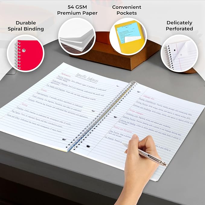 Spiral Notebook 12 Pack, 5 Subject, 300 Pages/Book (150 Sheets), College Ruled, 8 x 10-1/2, School & Office Bulk Spiral Notebooks, Spiral Journal for College, Soft Cover, Assorted Colors