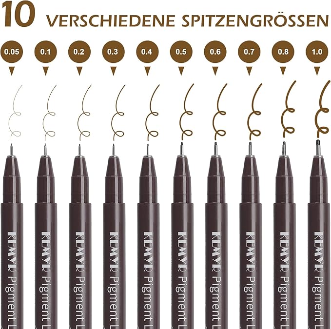 10 Micro Fine liner Drawing Art Pens Calligraphy Pens: 0.05mm-1.0mm Size Art supplies Waterproof Archival brown Ink Markers For Artists,Use for Professional Watercolor,Sketching