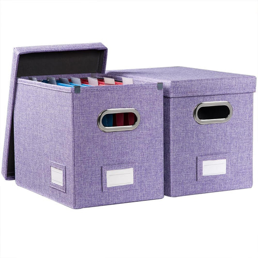 PRANDOM File Organizer Box - Set of 2 Collapsible Decorative Linen Filing Storage Hanging File Folders with Lids Office Cabinet Letter Size Purple (14x9.3x10.8 inch)
