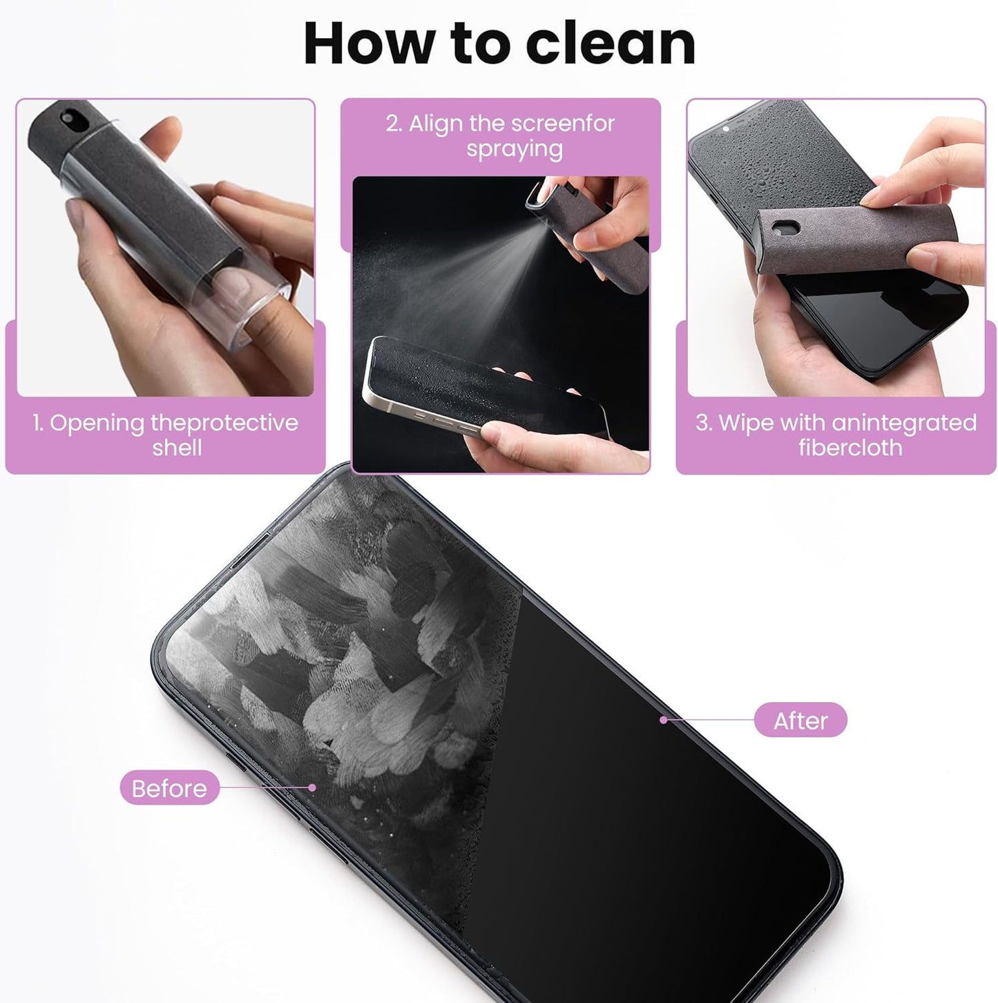 2 Pcs Screen Cleaner Kit, 3-in-1 Touchscreen Mist Cleaner Spray Bottle Tool & Microfiber Cloth for Phone/Laptop/Tablet/TV/Monitor/Car Screens(Pink+Grey)