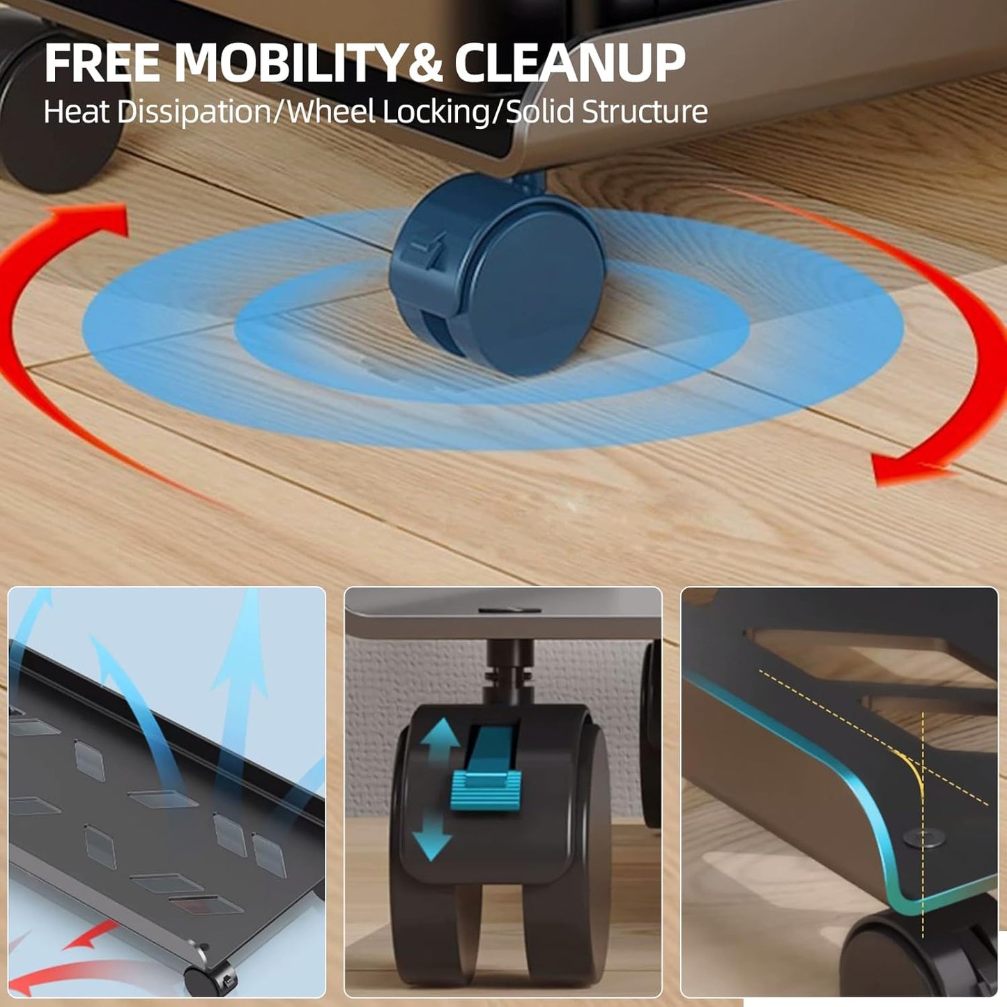 Computer Tower Stand, Ventilated Mobile CPU Stand Fits Most PC Tower, Steel Desktop CPU Holder with Rolling Caster Wheels, PC Floor Cart Riser for Gaming Office Desk Accessories